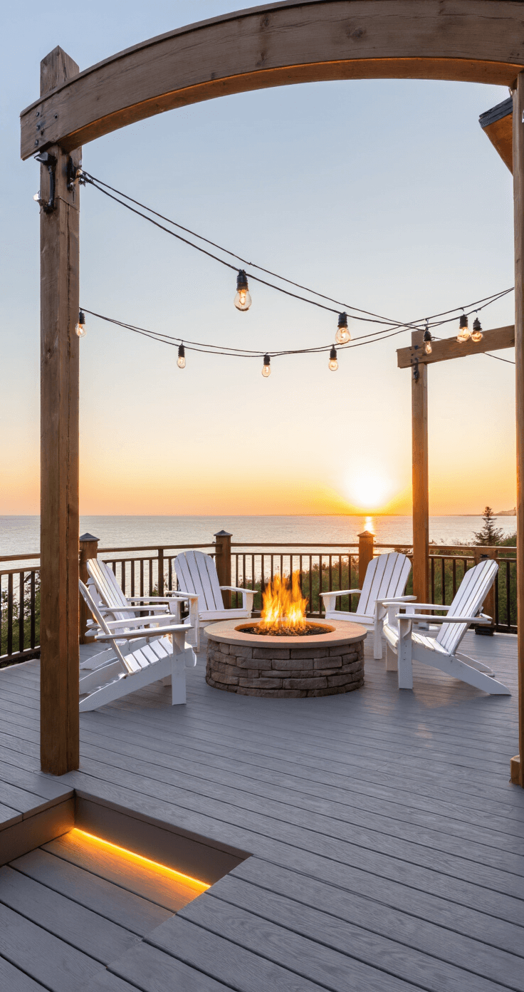 A cozy sunset scene on a curved composite deck featuring white Adirondack chairs around a fire pit, with built-in LED rope lighting and market lights strung overhead between cedar posts, complemented by coastal decor.
