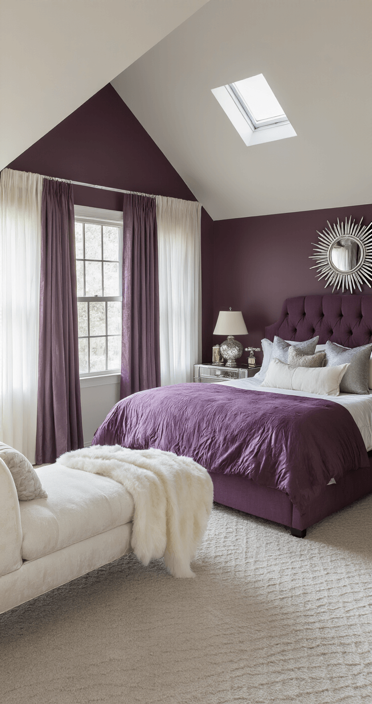 Cozy guest bedroom with sloped ceilings and dormer window, featuring a queen-size bed with a tufted plum headboard, luxurious bedding, mirrored nightstands with mercury glass lamps, deep eggplant walls, a silver sunburst mirror, and a vintage chaise lounge draped in white faux fur, all illuminated by warm late afternoon light.