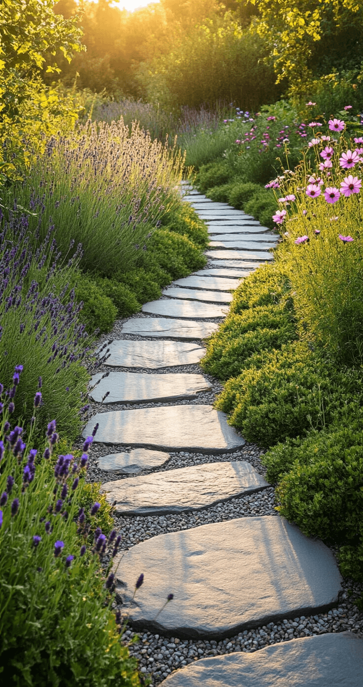 A winding garden path made of weathered grey stone steps meanders through a lush cottage garden, bathed in warm golden hour light. The low camera angle captures depth with soft lavender and cosmos flowers swaying gently in the background, while creeping thyme and Irish moss fill the spaces between the stones. Honey-colored highlights from dappled sunlight accentuate the romantic, enchanted aesthetic of the scene.