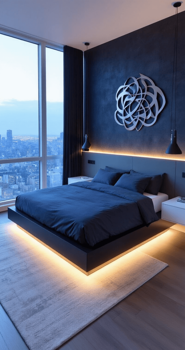A modern primary bedroom featuring floor-to-ceiling windows with a city view, illuminated by twilight and warm LED lighting. The room includes a low-profile black platform bed with charcoal and midnight blue bedding, floating white nightstands with black lamps, and dark textured wallpaper. A large abstract metal sculpture adds interest, while sleek black curtains frame the windows. The camera angle emphasizes the room's height and sophistication.