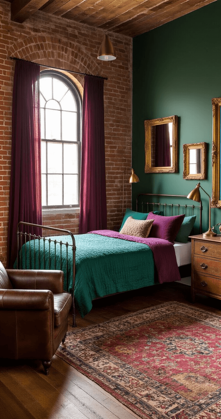 Cozy bedroom with exposed brick walls, an arched window draped in sheer burgundy curtains, a wrought iron bed with jewel-toned bedding, a distressed leather armchair, and a vintage gallery wall, all bathed in soft morning light.