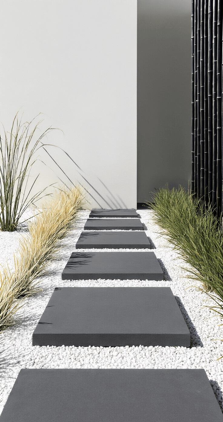 Modern minimalist pathway of charcoal concrete pavers floating above white pea gravel, framed by architectural grasses and black bamboo, leading to a contemporary home facade, showcasing zen-like precision and clean lines.