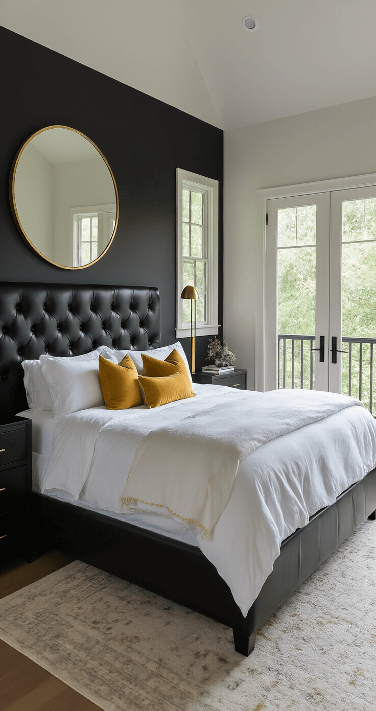 A serene master bedroom featuring a California king bed with a black tufted headboard, golden yellow throw pillows, and deep charcoal walls; French doors open to a misty balcony, with sheer white curtains and gold-accented nightstands, creating a dreamy morning atmosphere.