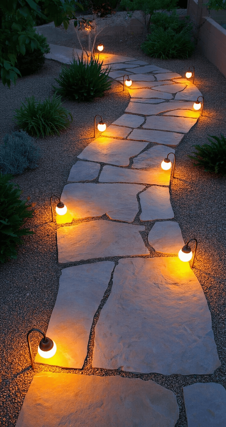 A twilight scene of a curved garden path made of warm-toned natural flagstone, bordered by glowing copper path lights, with illuminated orb lights creating warm pools of light between the stones. The view is from an elevated position, capturing the magical evening ambiance of the space.