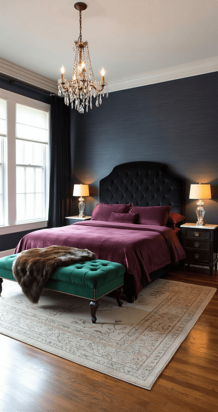 A luxurious bedroom featuring a queen-size bed with a velvet headboard, silk sheets, and a fur throw, illuminated by flickering candlelight. The room boasts hardwood floors, antique brass nightstands, crystal lamps, and dark navy grasscloth wallpaper. A green velvet chaise lounge and gold-framed mirror complete the opulent ambiance.
