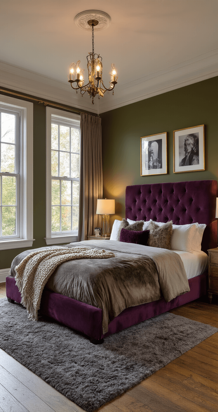 A spacious bedroom with olive green walls, a king-size tufted headboard bed in deep plum velvet, and warm ambient lighting from bedside lamps and a chandelier, featuring rich textures and a cozy atmosphere.