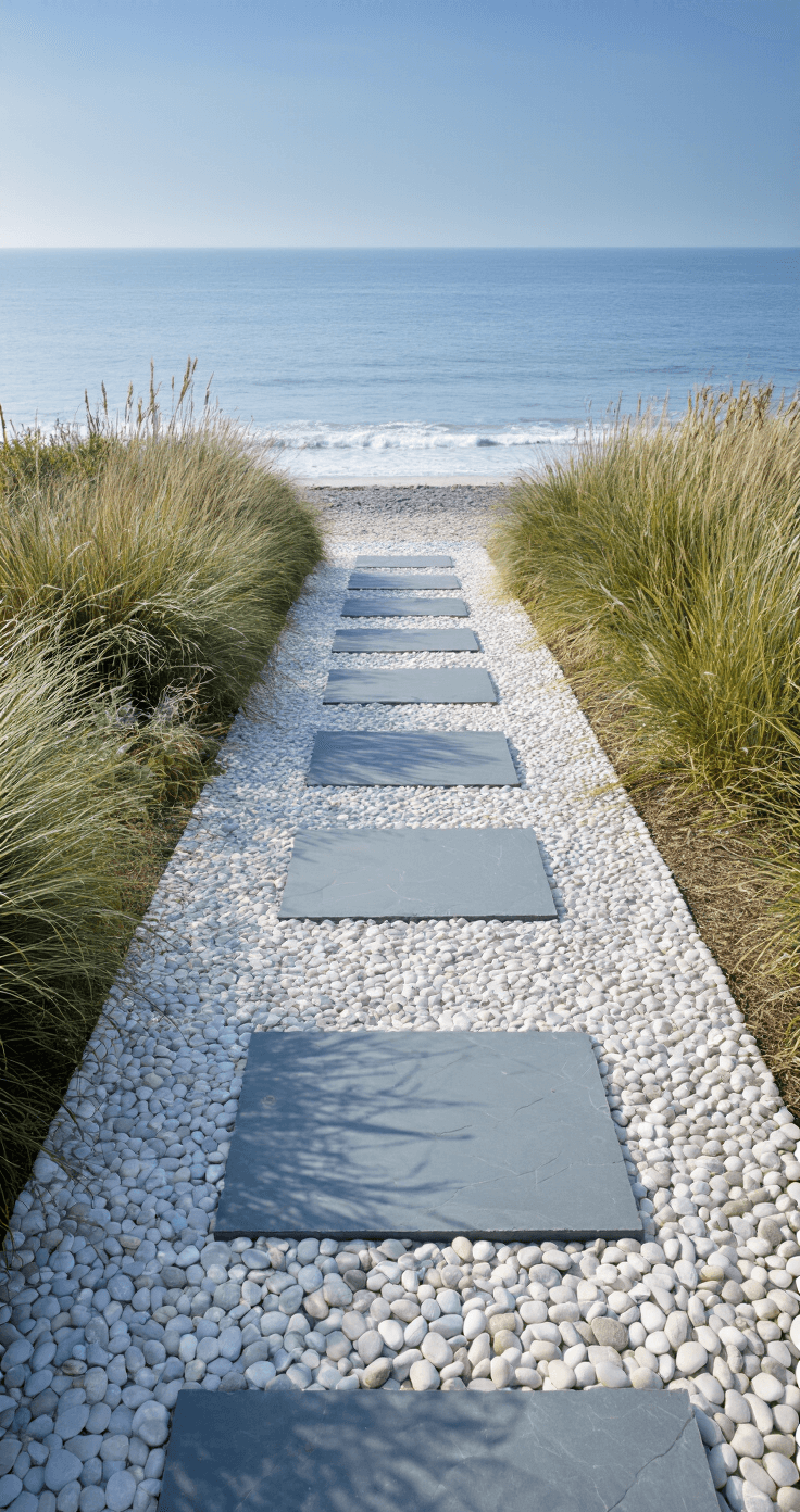 A contemporary coastal path at high noon, featuring large-format bluestone rectangles in a geometric pattern set among white beach pebbles, framed by coastal grasses and native plants, with the ocean visible in the background.
