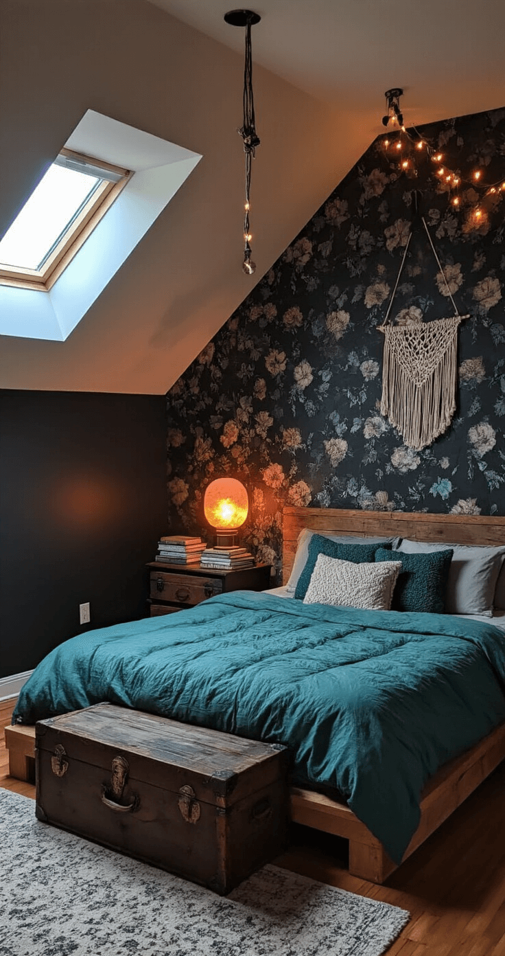 Cozy 12x12 ft bedroom with sloped ceilings, dormer window, string lights, and Himalayan salt lamp; queen-size platform bed with teal and gray linens, vintage trunk bedside table, dark floral wallpaper, and macramé wall hanging, captured in low light for a warm ambiance.