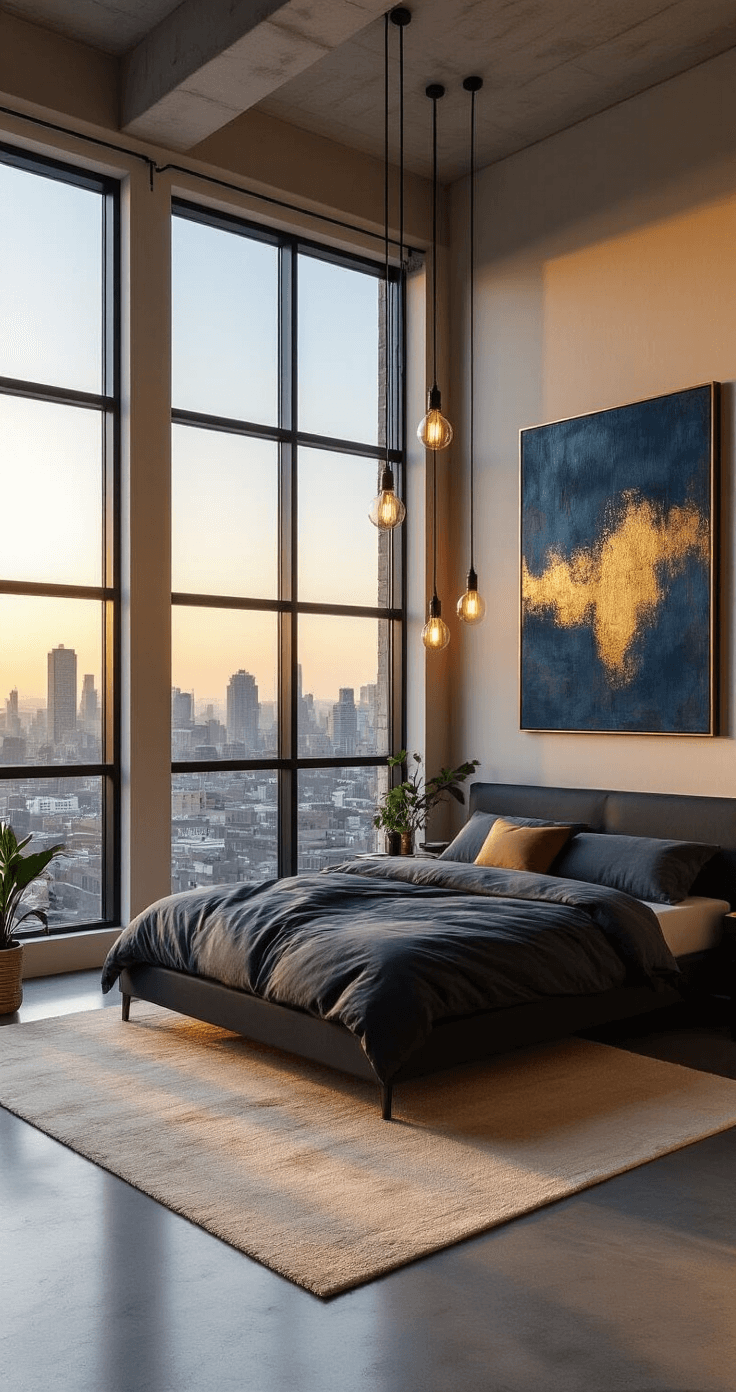 A modern mid-sized bedroom with floor-to-ceiling windows showcasing a cityscape during golden hour, featuring a California king bed with a low-profile black frame and charcoal linen, a large abstract canvas in deep blues and metallic golds, polished concrete floors with a cream rug, and minimalist black metal shelving with curated objects and plants.