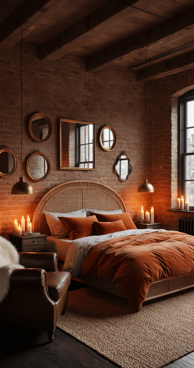A cozy bedroom with exposed brick walls and wooden beams, featuring a full-size bed with a curved rattan headboard, surrounded by velvet and linen pillows in rust and terracotta. The warm ambiance is created by candles and a dim brass floor lamp, reflecting off a gallery wall of vintage mirrors. A distressed leather armchair with a faux sheepskin throw sits in the corner, with a jute rug layered over dark hardwood floors, captured from bed level to highlight the intimate setting and movement of candlelight.