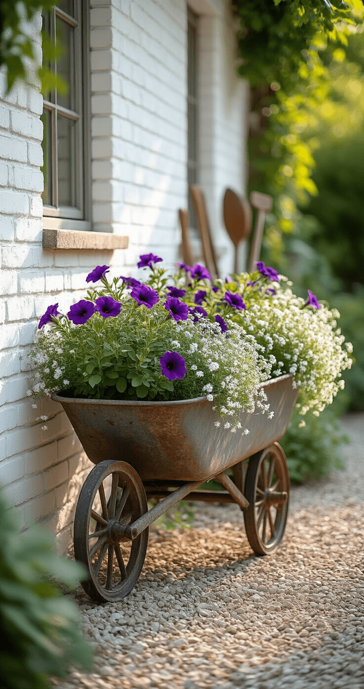 A sunlit cottage garden with a weathered metal wheelbarrow planter at a 45-degree angle, surrounded by cascading purple petunias, white alyssum, and silver dusty miller, set against whitewashed brick walls. Golden hour lighting creates long shadows on a crushed gravel path, while vintage garden tools lean against the wall.