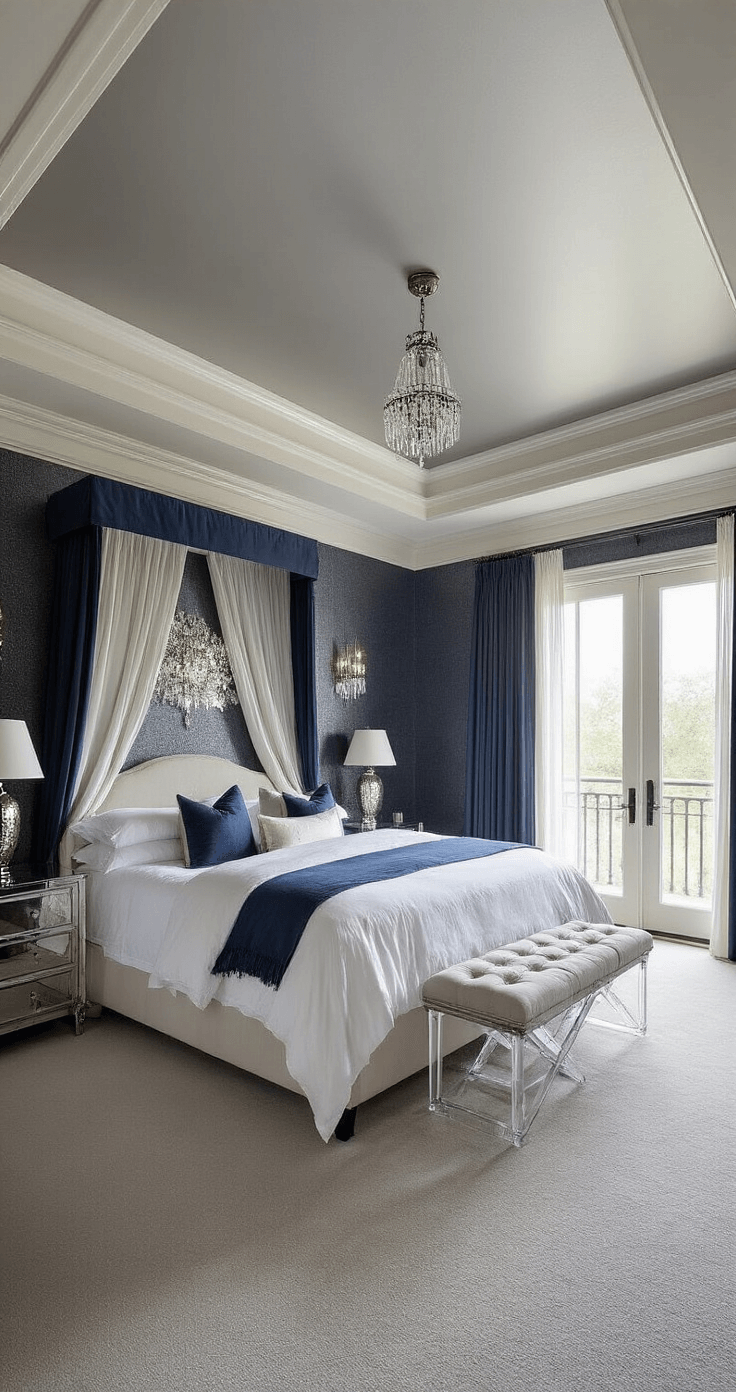Luxurious master bedroom featuring a tray ceiling and French doors to a balcony, illuminated by dawn light and crystal sconces, with a king-size canopy bed, navy fabric, white linens, velvet graphite wallpaper, oversized silver-leaf mirror, dove gray carpeting, and Lucite bedside tables.