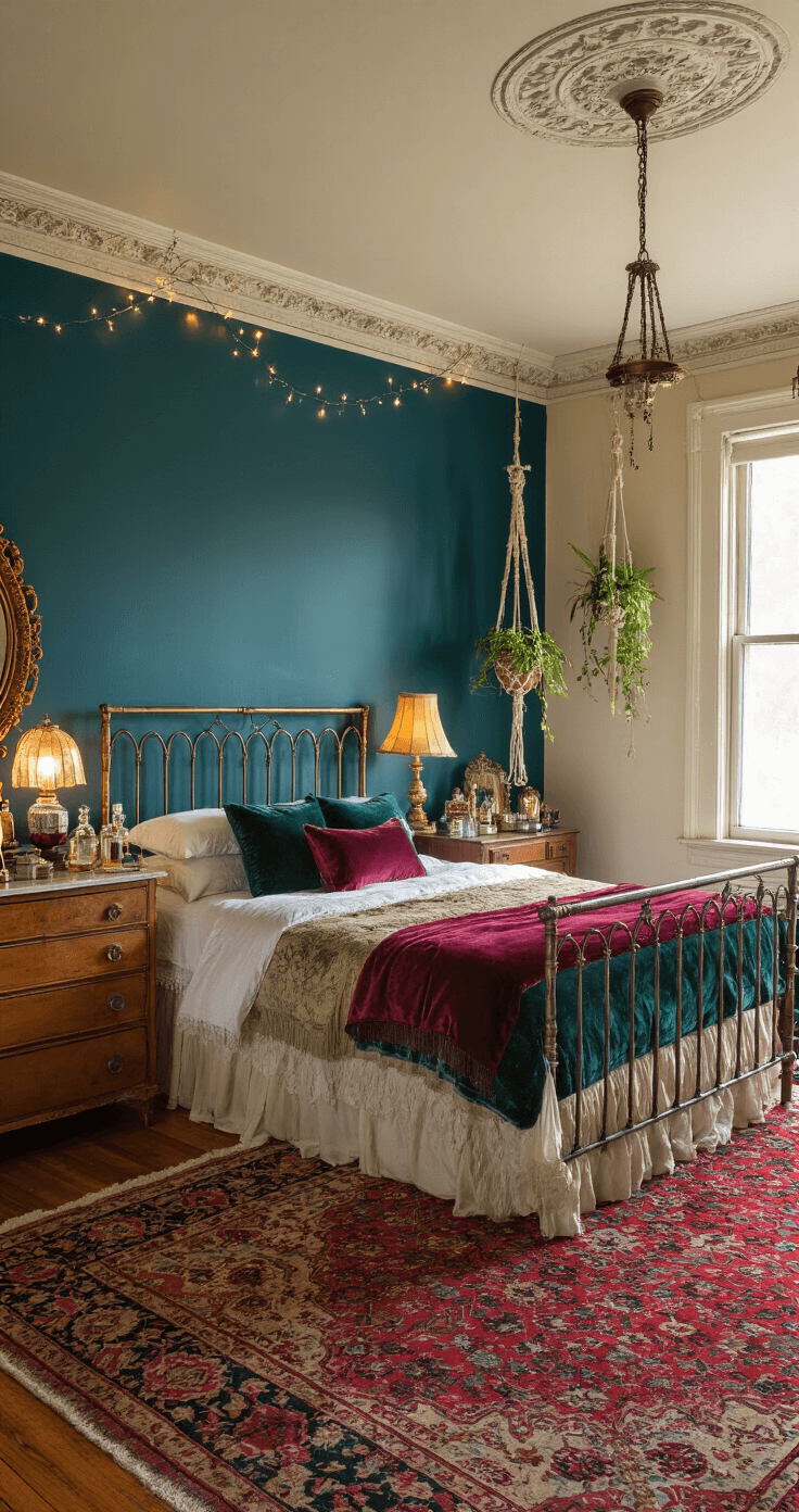 A cozy, eclectic bedroom with Victorian features, featuring a double bed with a wrought iron frame and jewel-toned bedding, warm cream and deep peacock blue walls, an antique dresser as a vanity with perfume bottles, rich oriental rug, and twinkle lights, captured from a low angle at dusk.