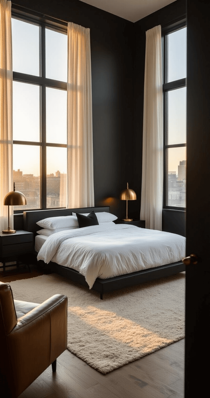 A spacious 12x14 foot bedroom with high ceilings and large windows, featuring a king-size platform bed with white linens against deep charcoal walls, minimalist black nightstands with brass lamps, a plush cream area rug, and a leather armchair in a cozy reading nook, illuminated by warm golden hour light.