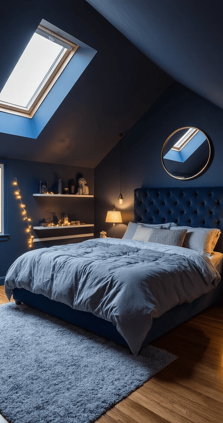 A cozy 10x12 bedroom with sloped navy blue walls, featuring a queen-size tufted velvet bed, warm bedside lamps, fairy lights, and a large round mirror reflecting soft light, all creating an intimate, cocoon-like atmosphere.