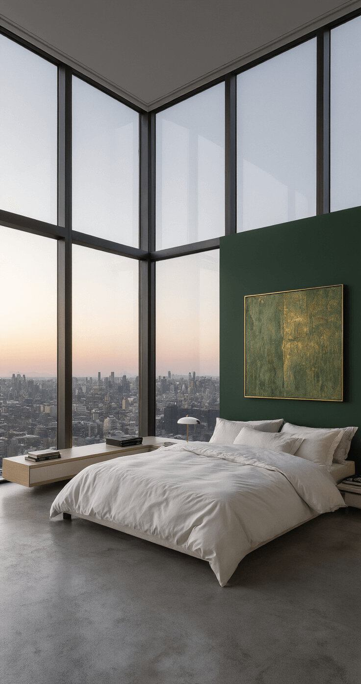 A modern master bedroom with floor-to-ceiling city-view windows, deep forest green walls, a California king bed with white linens, minimalist nightstands, and an abstract green and gold painting, all captured in cool morning light with warm lamp accents.