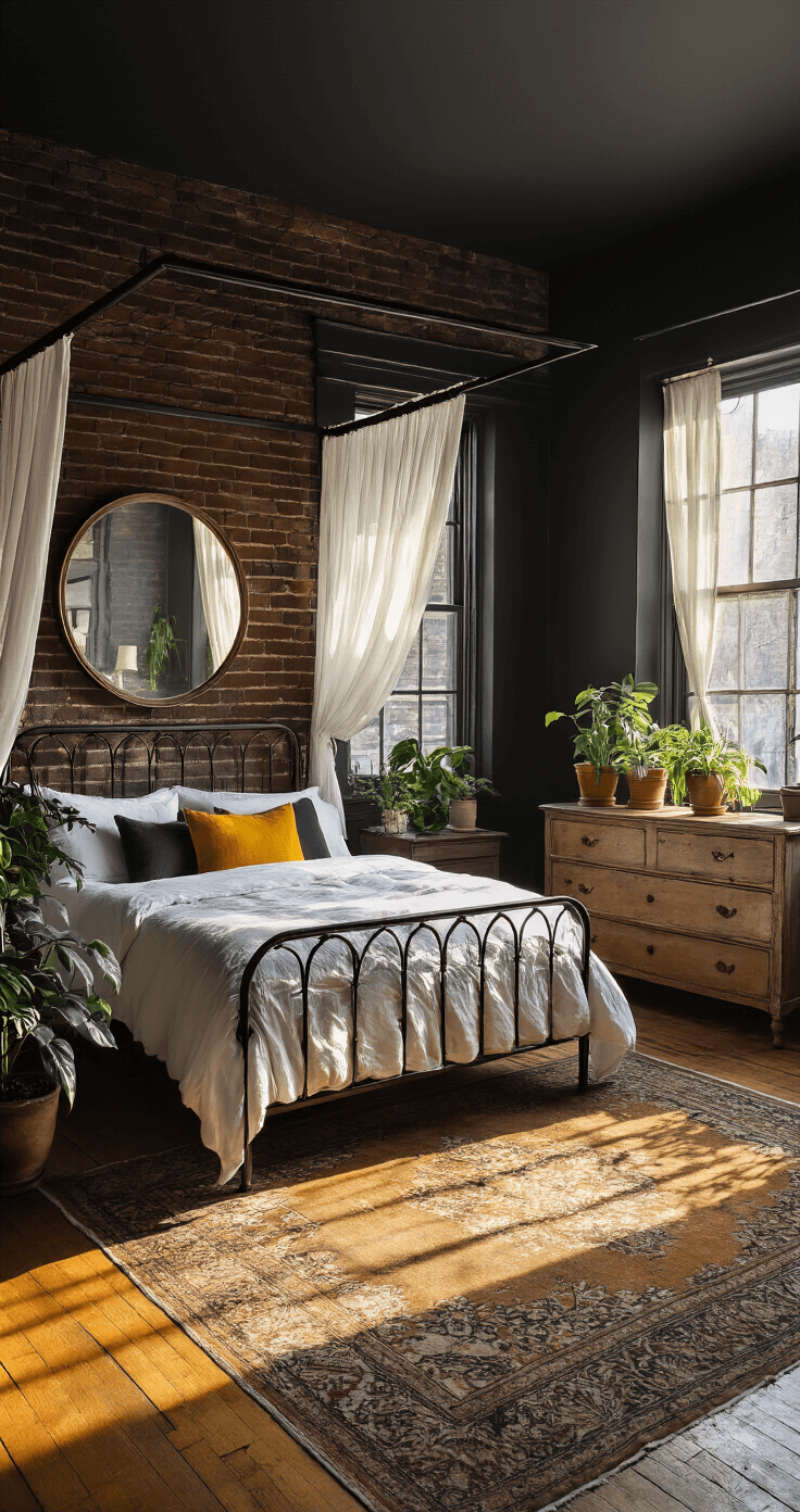 A cozy bedroom with exposed black brick walls, featuring a wrought iron canopy bed draped in sheer white curtains and accented with crisp white and mustard yellow pillows, a vintage dresser with a round mirror, potted plants, and a vintage Persian rug, all illuminated by warm golden hour sunlight casting dramatic shadows.