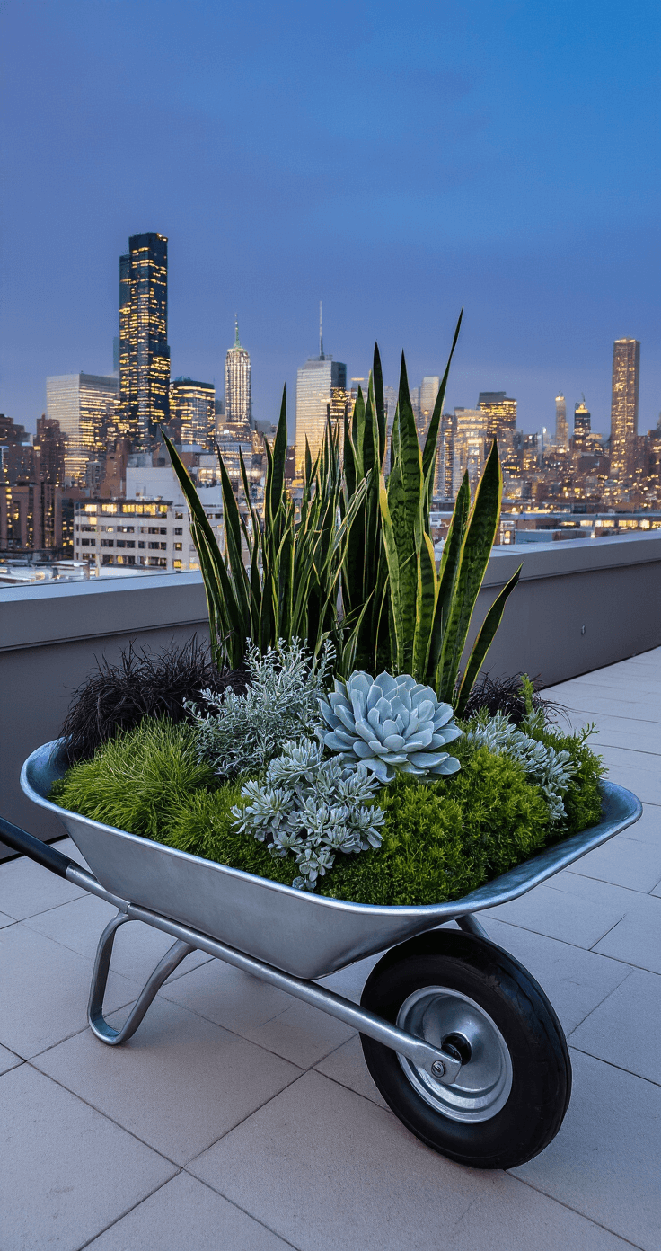 Contemporary rooftop garden with a galvanized metal wheelbarrow filled with black mondo grass, silver echeveria, and vertical snake plants, set against an urban skyline at twilight with twinkling city lights. Eye-level perspective highlights the clean lines and modern aesthetic.