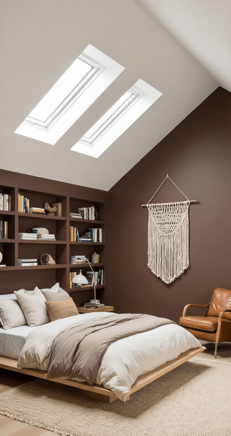 A serene bedroom featuring vaulted ceilings and skylights, rich chocolate brown walls, a minimalist platform bed with cream and taupe linens, a large macramé wall hanging, built-in bookshelves, a reading nook with a leather armchair, and light oak flooring layered with a plush off-white rug, all bathed in soft, diffused natural light.