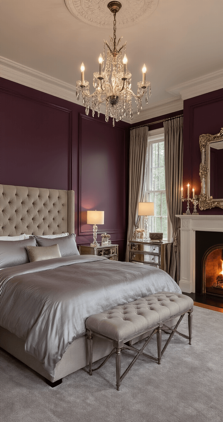 An elegant bedroom with rich aubergine walls, a tufted velvet headboard, silvery gray silk bedding, and flickering candlelight from bedside lamps and a fireplace, creating a luxurious and intimate atmosphere.