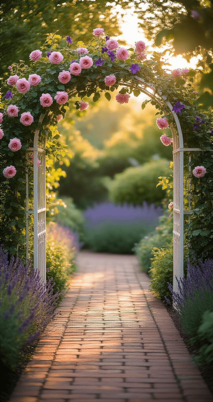 A sunlit garden entrance features an 8-foot white metal arch entwined with pink David Austin roses and purple clematis, captured at golden hour. A weathered brick pathway leads through the arch, bordered by lavender, with a soft bokeh background of cottage garden plantings.