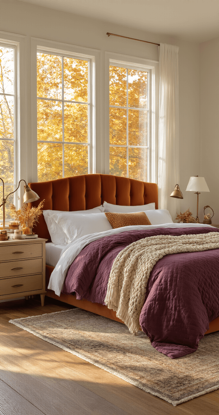 A cozy master bedroom featuring a king-size bed with a rust-colored velvet headboard, white sateen sheets, a chunky knit ochre throw, and a plum quilted comforter, illuminated by warm afternoon sunlight. Nightstands with brass lamps and candles are positioned beside the bed, while a large window reveals golden autumn leaves outside. The room has warm wood flooring and a plush area rug, creating a welcoming atmosphere.