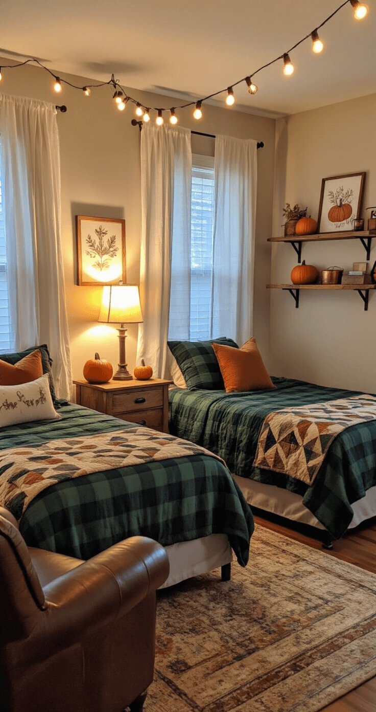 A cozy guest room at dusk with twin beds dressed in flannel plaid sheets and earthy quilts, illuminated by string lights. A rustic nightstand holds a vintage lamp and a small pumpkin, while floating shelves feature autumn-themed art. A leather armchair in the corner and sheer curtains filter soft daylight, creating a warm, inviting atmosphere.