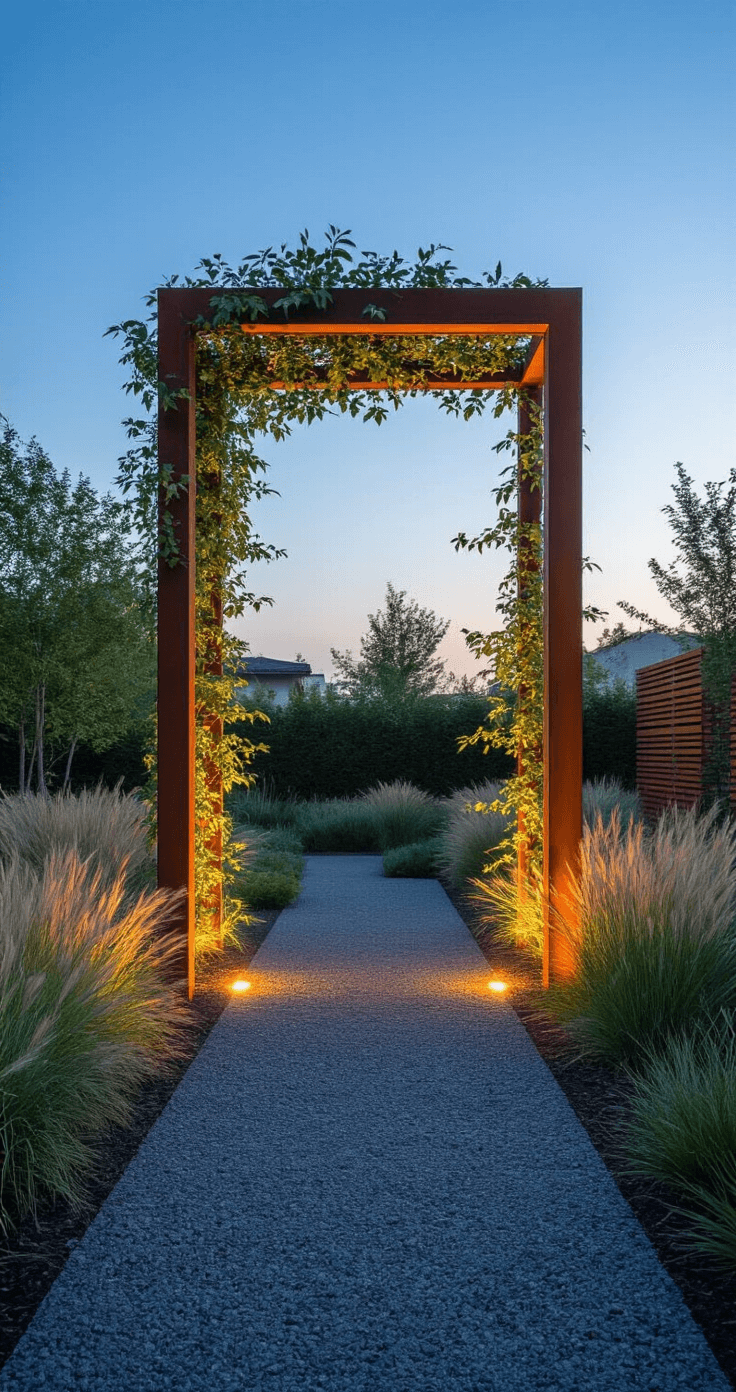A contemporary corten steel garden arch standing 9 feet tall at twilight, minimalist in design with clean geometric lines, supporting young star jasmine vines, surrounded by a gravel path and ornamental grasses, highlighted by LED ground lighting.