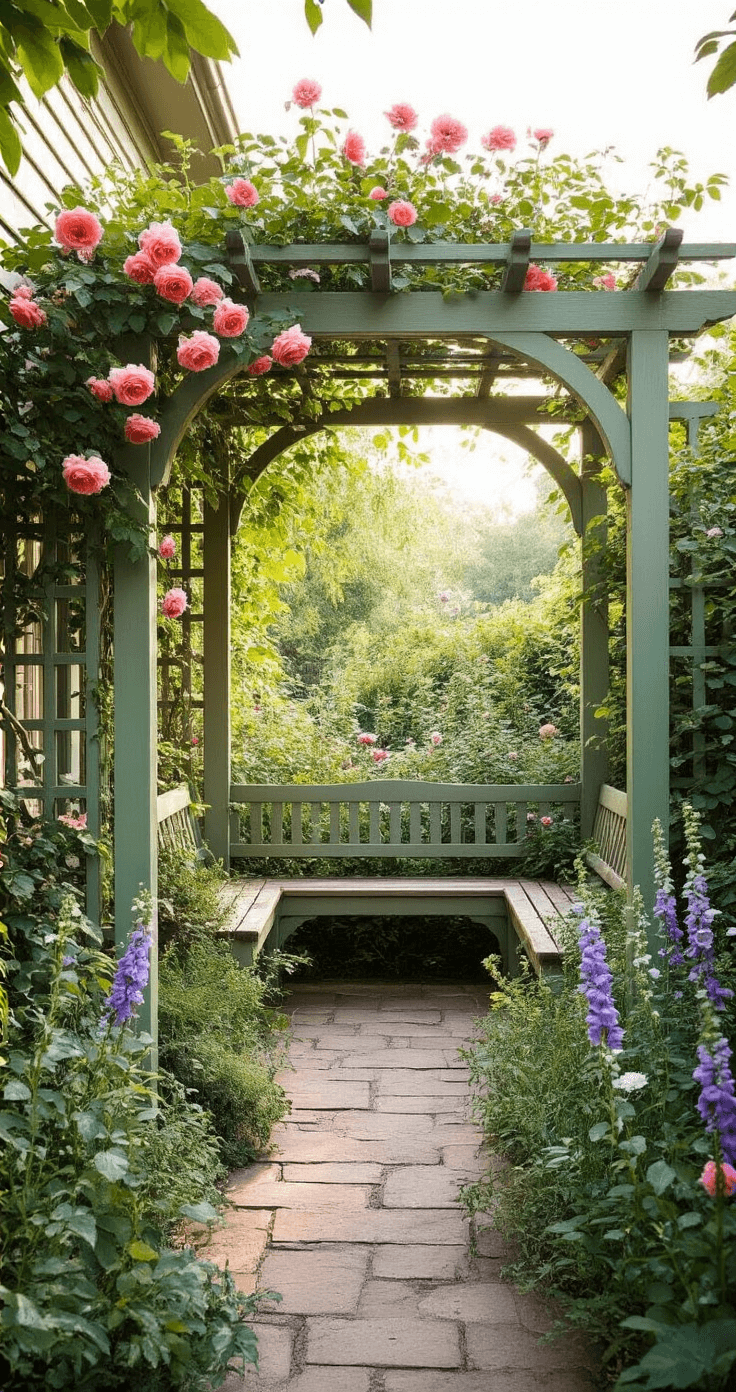 A cozy garden room entrance framed by a 6-foot wooden arbor adorned with climbing miniature roses and clematis, illuminated by warm late afternoon light. The scene features integrated bench seating, lattice sides, and a pathway lined with foxgloves and salvias, set against a sage green structure with coral pink and periwinkle blue flowers, accented by aged copper hardware.
