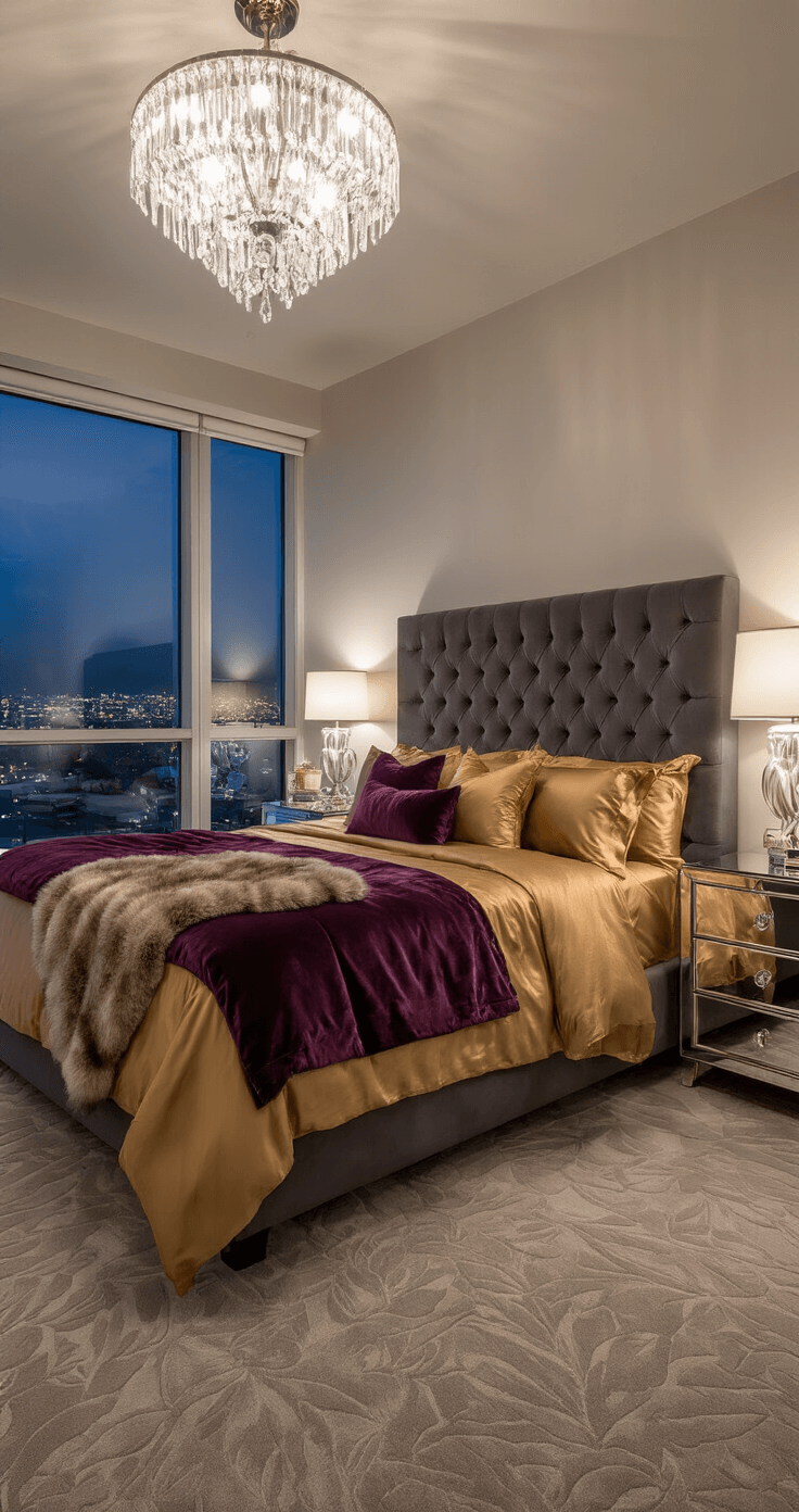 A luxurious master suite featuring a California king bed with deep gold sheets, a rich plum velvet quilt, and a warm brown faux fur throw, set against a tufted charcoal grey headboard. The room is illuminated by a crystal chandelier, with floor-to-ceiling windows showcasing city lights. Mirrored nightstands and a plush leaf-patterned carpet enhance the opulent atmosphere, captured in a low-angle shot from the foot of the bed during twilight.
