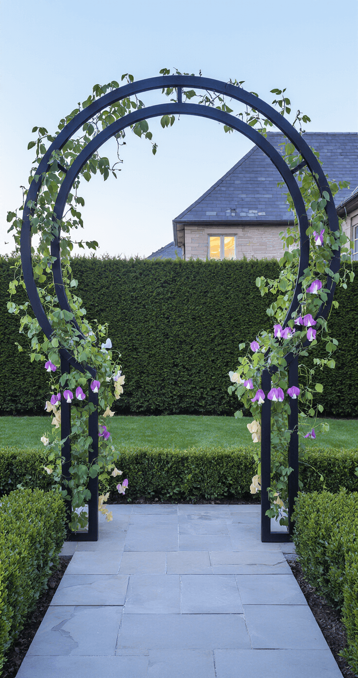 A modern black metal moongate arch with an 8-foot diameter, framed by delicate sweet pea vines, captures a garden at blue hour. The circular arch emphasizes geometric perfection as uplighting casts dramatic shadows on the surrounding yew hedging, set against a cool evening backdrop of deep green and pastel tones.
