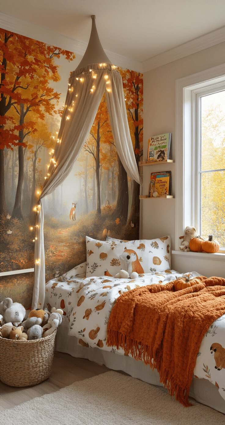 A whimsical kid's room featuring a twin bed with woodland creature sheets and a pumpkin orange fleece blanket, fairy lights on a canopy, an enchanted autumn forest mural, fall-themed books on floating shelves, a basket of plush animals, and natural light from a bay window, all in a warm color palette.