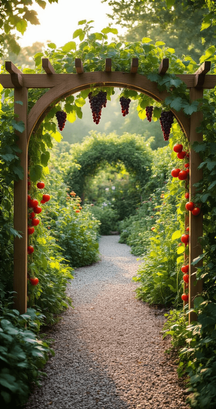 A three-quarter view of a 7-foot cedar arch supporting grape vines, cherry tomatoes, and cucumber plants, illuminated by morning light. A gravel path leads to a lush potager garden, showcasing a vibrant palette of greens, with pops of red tomatoes and purple grape clusters, all captured in high detail.