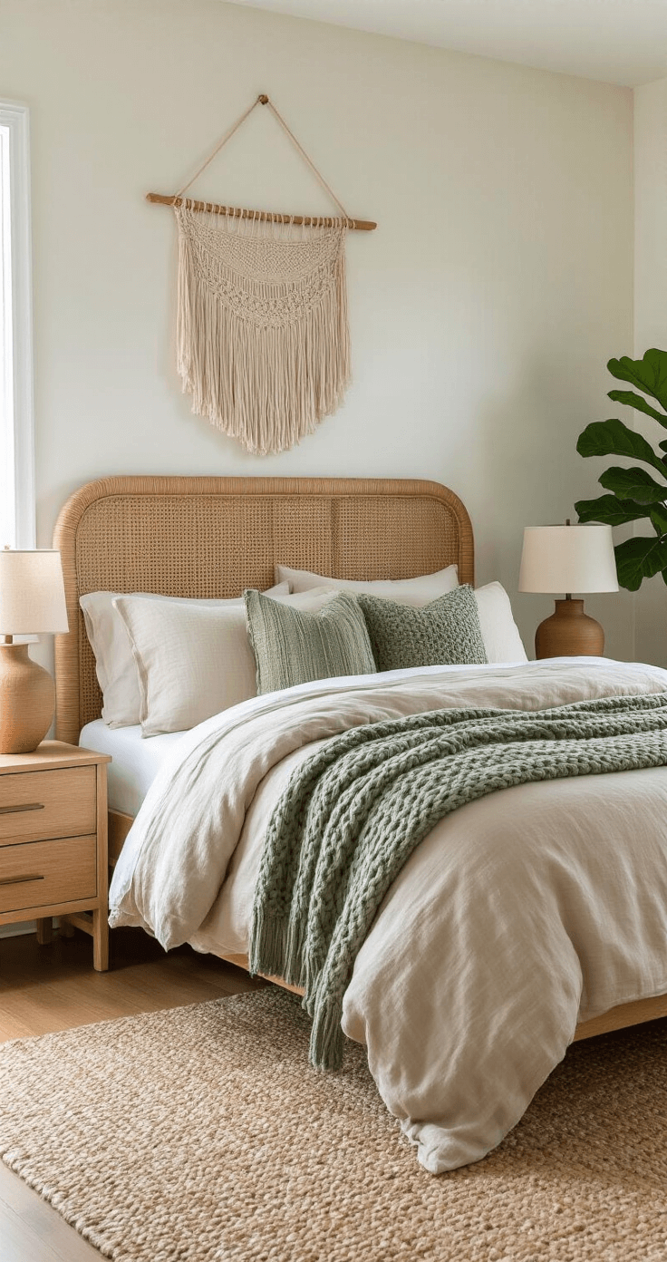 A serene guest bedroom featuring a queen-size bed with cream brushed cotton sheets, a sage green chunky cable-knit throw, and a warm taupe linen duvet, framed by a rattan headboard. A macramé wall hanging above the bed resembles autumn leaves, while ceramic lamps with linen shades adorn the nightstands. A jute rug layers over hardwood floors, and a fiddle leaf fig plant introduces a touch of greenery, captured in a calming neutral palette from an eye-level perspective at the doorway.