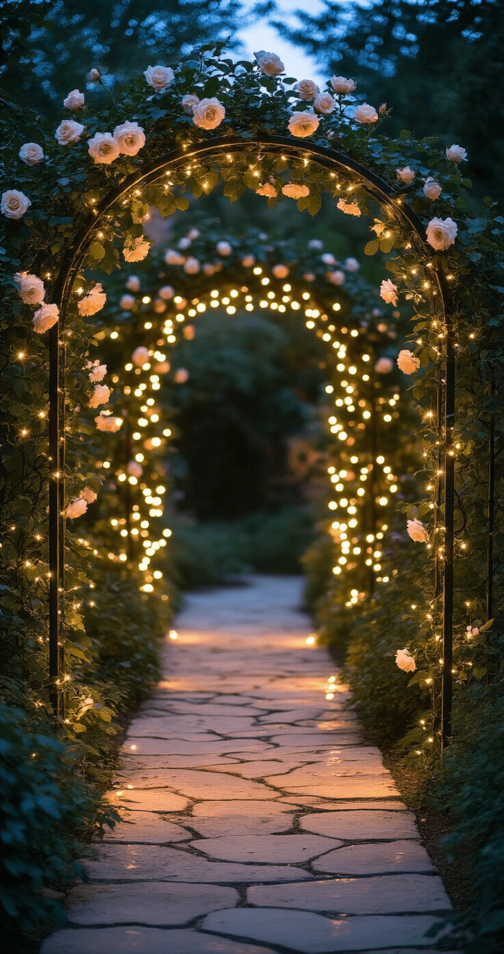 A vintage iron garden arch adorned with warm white micro LEDs and mature climbing roses, captured at dusk from a low angle, showcasing a limestone path reflecting soft illumination amidst dark green foliage and cream roses, creating a dreamy, enchanted atmosphere.