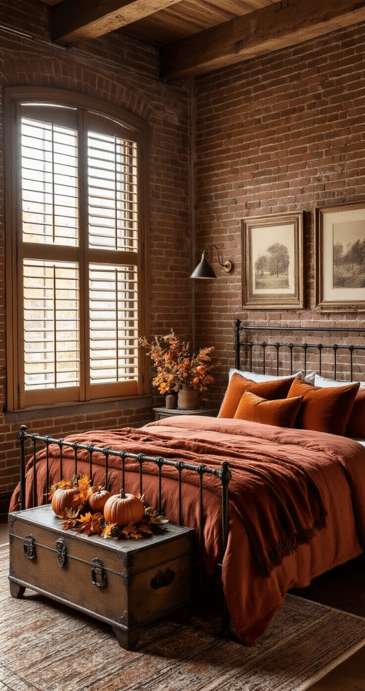 An overhead view of a cozy bedroom featuring exposed brick walls and warm afternoon light. A queen-size bed with paprika flannel sheets, a russet wool blanket, and copper-toned velvet throw pillows sits central in the room. An antique chest at the foot of the bed displays autumn leaves and pumpkins. Sepia-toned nature prints adorn the walls, creating a warm and inviting atmosphere.