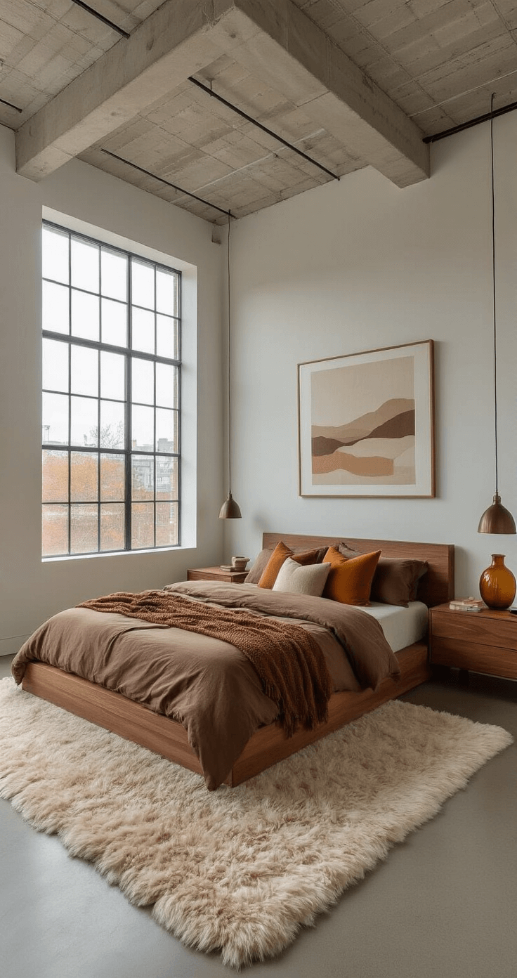 A modern loft bedroom featuring floor-to-ceiling windows, a platform bed with cacao-colored organic cotton sheets and earth-toned pillows, sleek walnut nightstands with amber glass lamps, minimalist autumn-inspired artwork, and a warm beige faux fur rug on polished concrete floors.