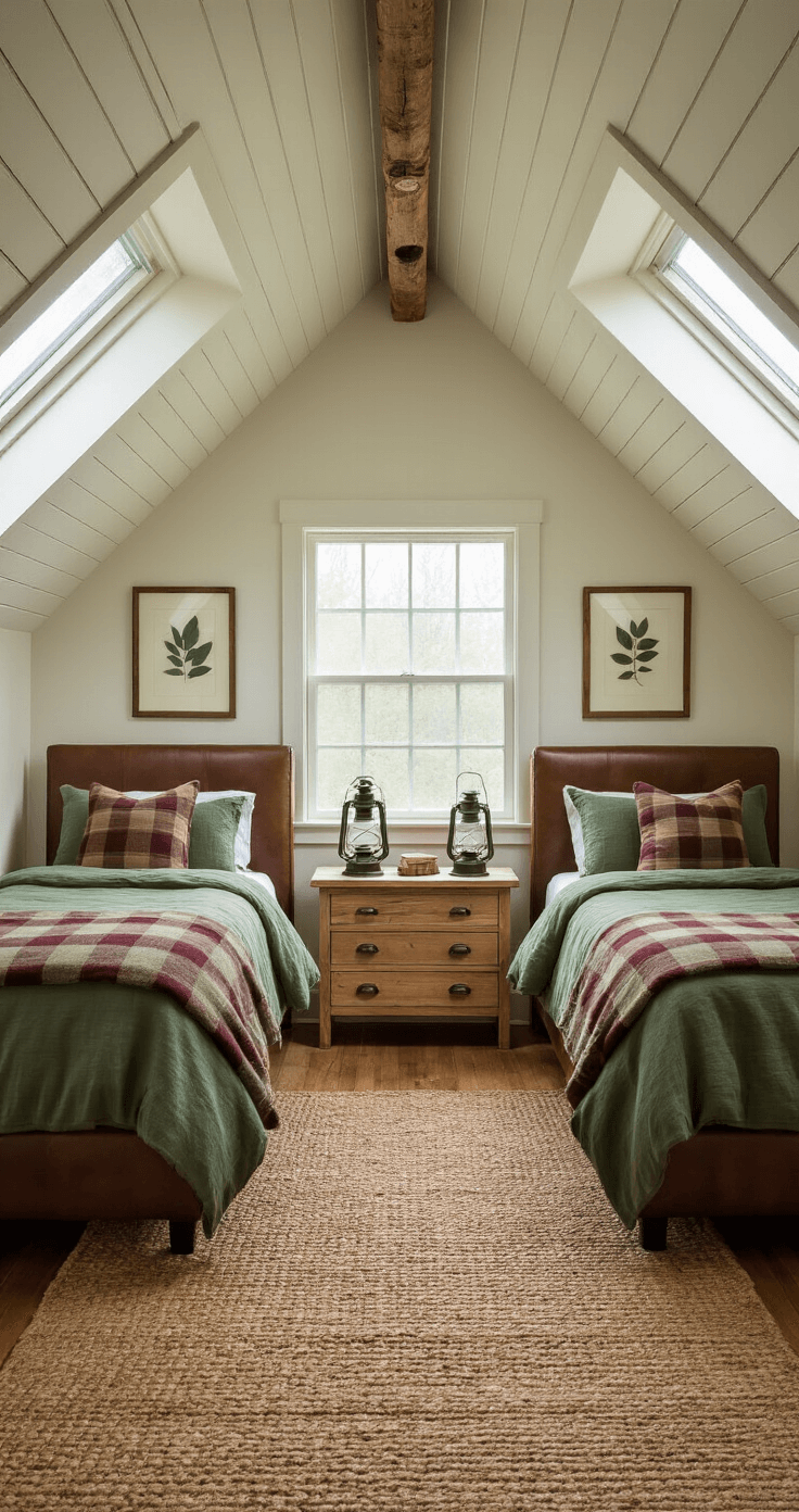 Cozy attic guest bedroom with twin beds covered in forest green sheets and plaid blankets, frosted skylights allowing misty morning light, rustic pine nightstand with a vintage lantern, and warm ivory walls adorned with pressed leaves.