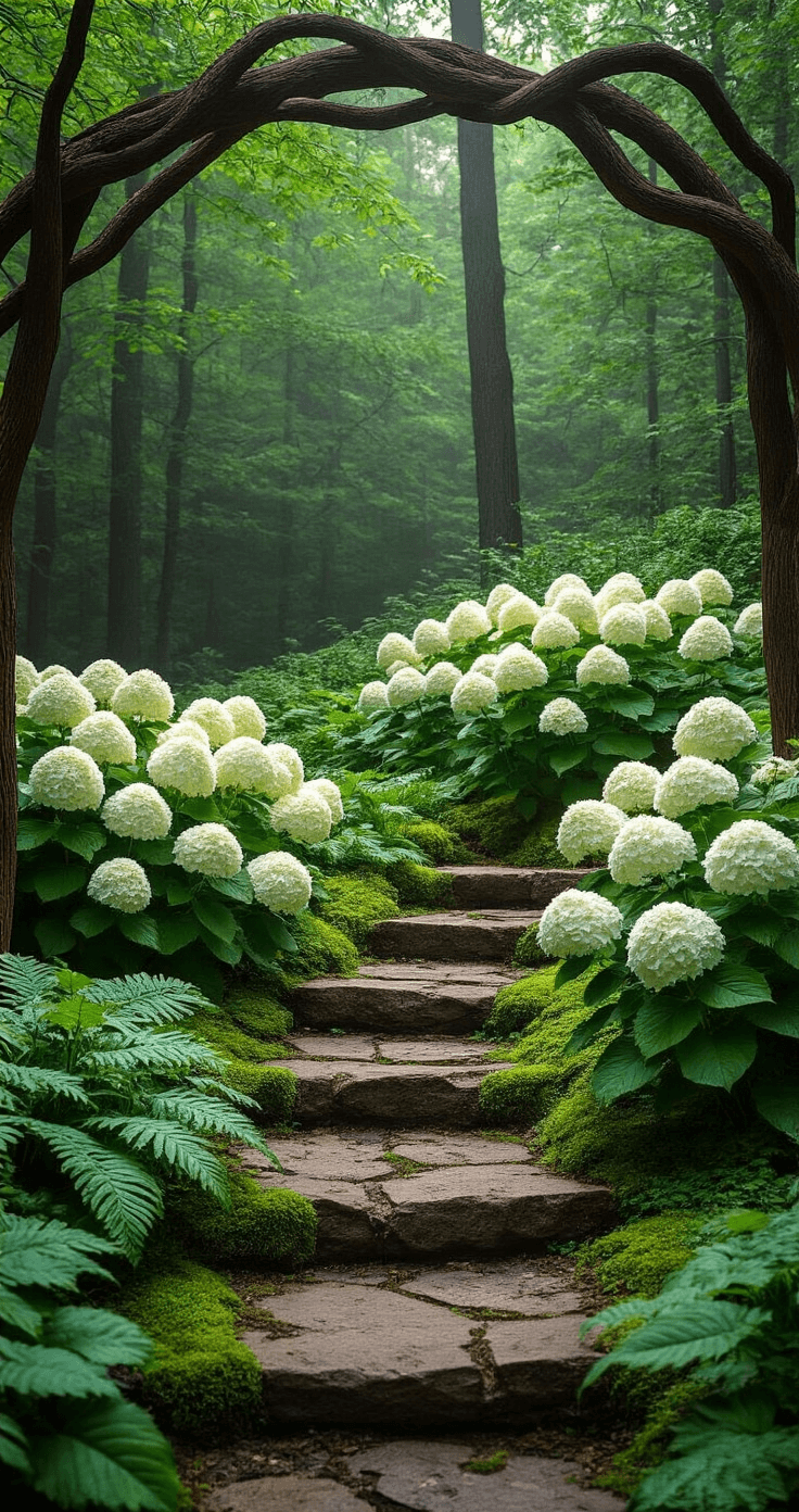 Dawn garden scene featuring a woodland hydrangea garden with oakleaf hydrangeas' white blooms against a dark forest backdrop, surrounded by native ferns and hostas, stone steps covered in moss, and filtered morning light through the trees.