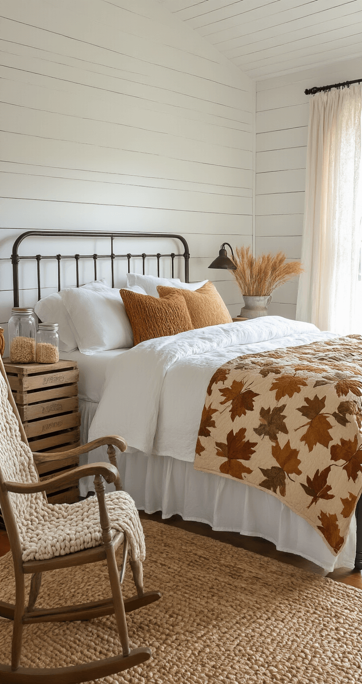 Charming cottage bedroom with whitewashed shiplap walls, featuring a wrought iron bed with white linens and heathered oatmeal blanket, surrounded by autumn-colored pillows, distressed wooden crates as nightstands with dried wheat in jars, and an antique rocking chair draped with a quilt, all bathed in natural mid-morning light.