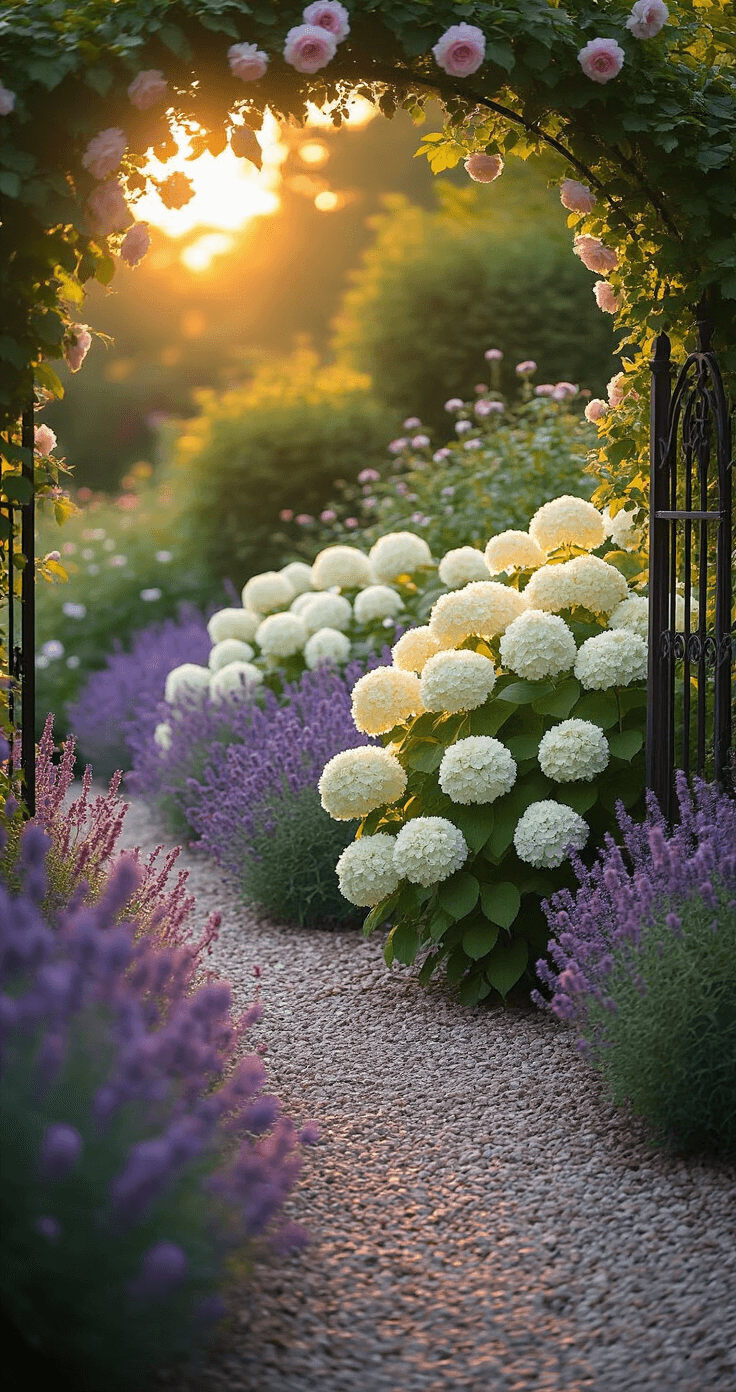 Cottage garden border with large white Annabelle hydrangeas, purple catmint, and pale pink astilbe, framed by a partially visible vintage iron gate covered in climbing roses, all bathed in warm golden hour light with soft bokeh effect.