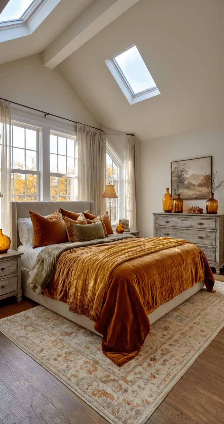 A spacious master bedroom featuring a king-size bed with a rust-colored quilt, large windows with sheer curtains, nightstands with amber glass lamps, a distressed wood dresser with autumn-themed decor, and a warm-toned area rug on hardwood floors, illuminated by soft morning light. Autumn Bedding