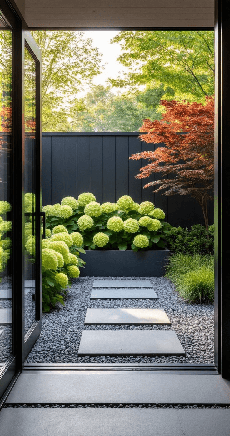 A modern minimalist garden viewed through sliding glass doors, featuring three Little Lime hydrangeas against a charcoal fence, bluestone stepping stones, a Japanese maple, and steel planter boxes, all illuminated by early morning light.