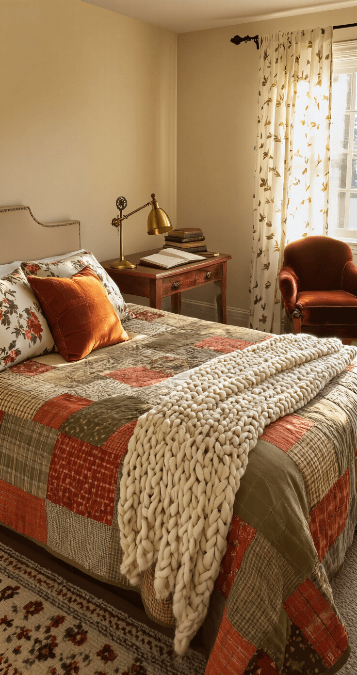A cozy guest room featuring a queen-size bed with a patchwork quilt in warm autumn hues, complemented by a chunky white knit throw, mismatched vintage nightstands with brass lamps, and a small writing desk with a chocolate velvet chair, all bathed in golden hour sunlight with sheer leaf-patterned curtains.