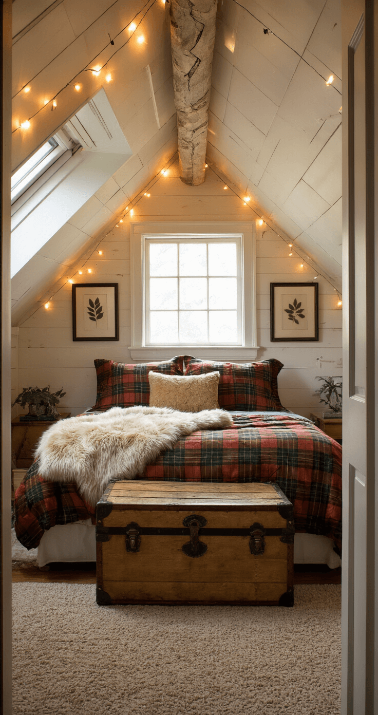 A cozy attic bedroom with slanted ceilings, a dormer window, and dusk light casting long shadows. A full-size bed dressed in plaid flannel bedding sits under the eaves, accented with a faux fur throw. String lights adorn the beams, and a vintage trunk adds charm at the foot of the bed, while framed pressed leaves decorate the walls. The shot captures the warm and cool light contrasting the intimate space.