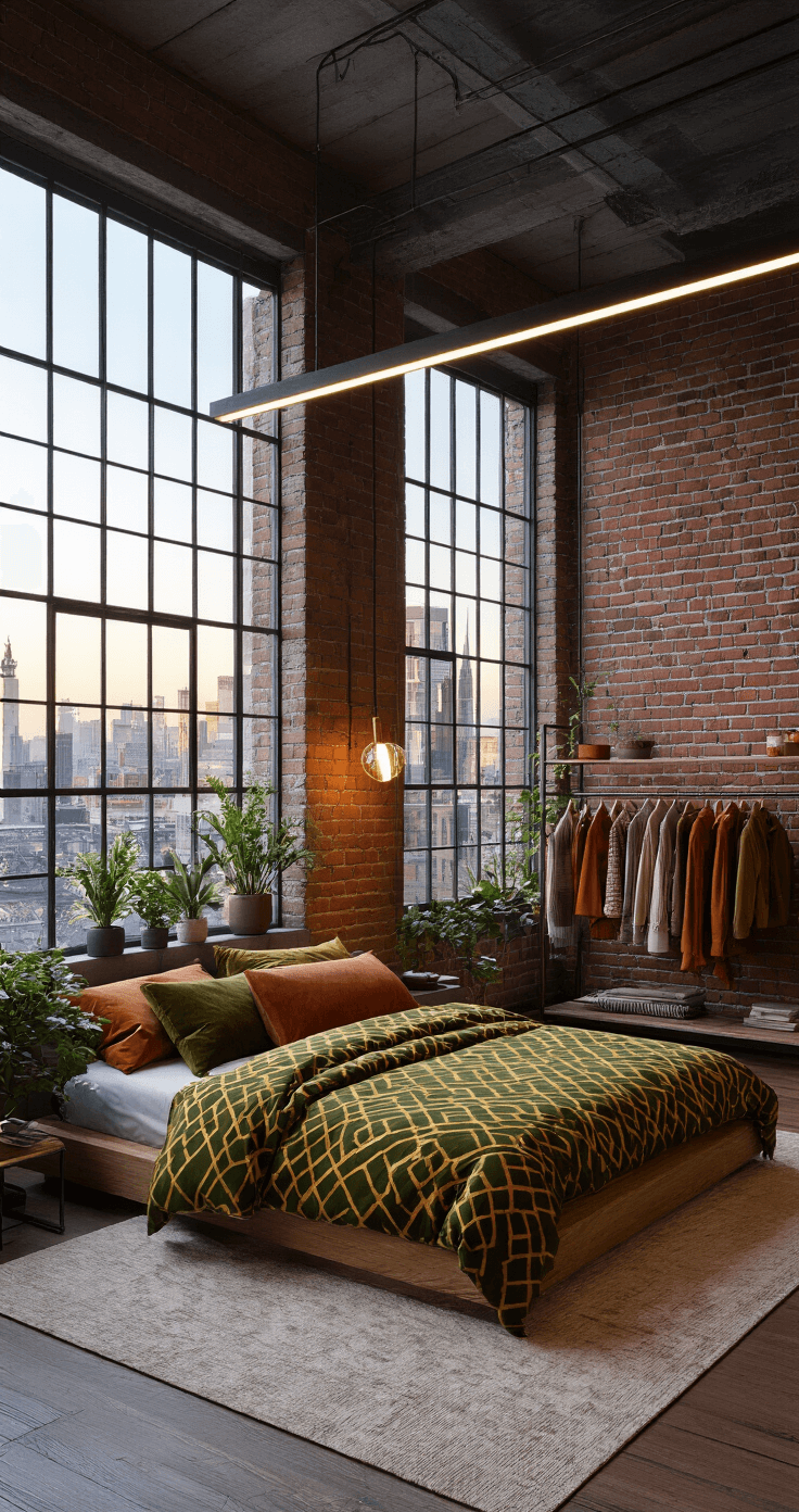 A modern loft-style bedroom featuring exposed brick walls and large industrial windows, showcasing a platform bed with luxe sheets and a geometric duvet, accent pillows in rust and chocolate, a metal clothing rack with fall attire, and potted plants, all viewed from a high angle on the mezzanine level, with a warm interior glow contrasting the cool city lights outside.