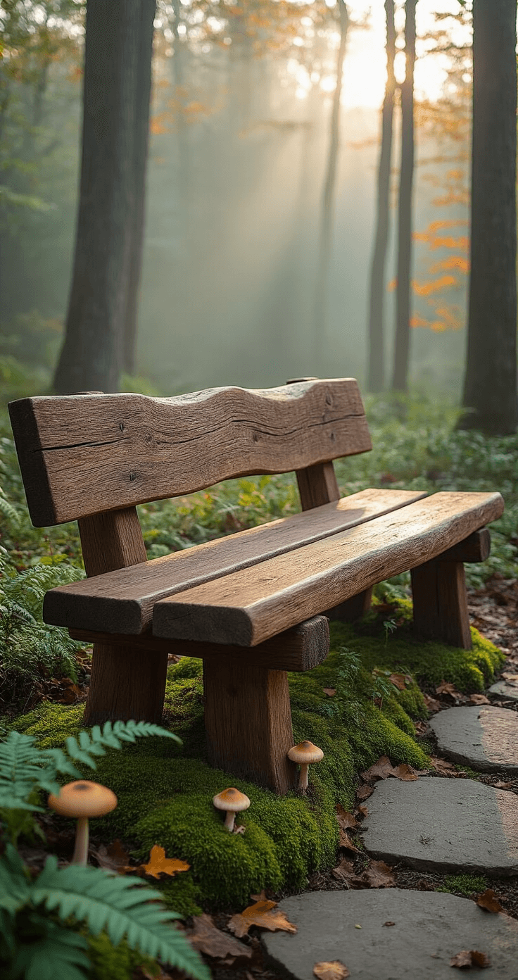 A rustic woodland garden at dawn features a 6ft reclaimed barn wood bench with live edges, surrounded by moss, mushrooms, and ferns. Natural diffused light filters through the tree canopy, highlighting the bench's texture against a misty backdrop, with a stone pathway and autumn leaves scattered around.