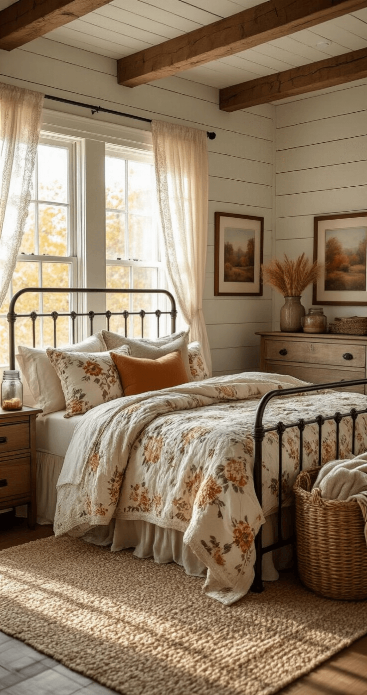 A cozy rustic farmhouse bedroom with shiplap walls and wooden beams, featuring an iron bed with a floral comforter, a handmade quilt, distressed nightstands with mason jars of dried wheat, a woven basket of throws, and an antique dresser with autumn landscape photos, all illuminated by golden hour sunlight streaming through lace curtains.