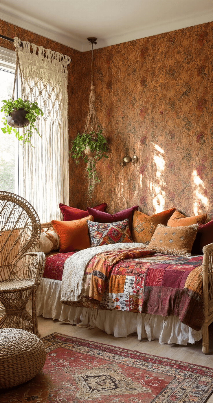 A cozy bohemian guest room featuring a patterned wallpaper in autumnal hues, an inviting daybed adorned with eclectic pillows, a rattan peacock chair, and warm lighting casting shadows, with plants and vintage brass decor in the background.