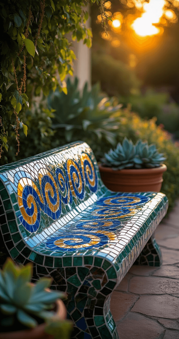 An artistic garden scene at sunset featuring a 5ft mosaic bench adorned with swirling blue, green, and gold glass tiles, captured with a macro lens to highlight the tile detail. The image showcases the surrounding Mediterranean-style garden with dramatic side lighting accentuating the mosaic's texture and sparkle, complemented by terra cotta containers filled with trailing vines and architectural succulents, all bathed in warm evening light.